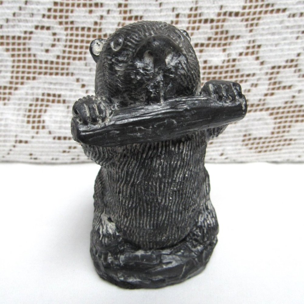 WOLF ORIGINAL Sculpture BEAVER with Log Soapstone Hand Carved Canada Vintage